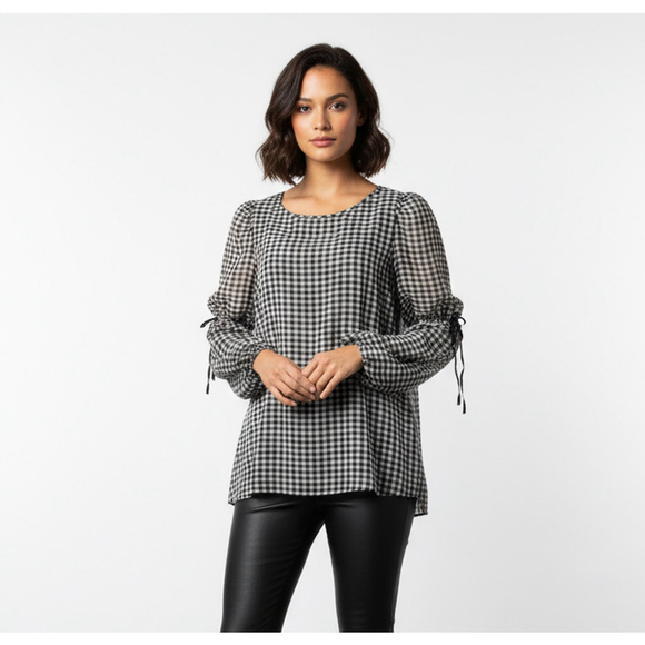 Max Studio Tops - Max Studio Gingham Black White Plaid Long Sleeve Ruffle Tie Sleeve Blouse